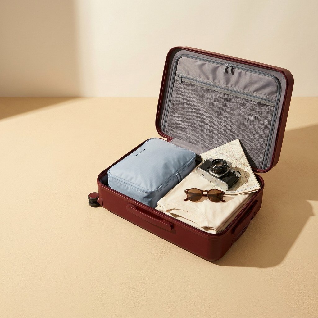 Open burgundy suitcase packed with a blue pouch, cream clothing, a map and a camera